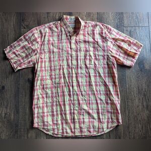 Cutter & Buck Chambray Short Sleeve Shirt Red & Yellow Plaid Mens XL 100% Cotton